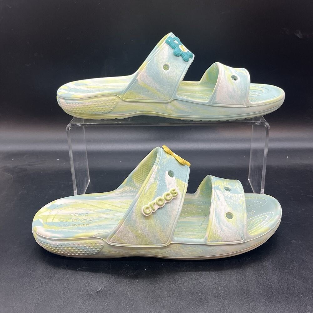 Crocs classic marbled slide mens 7 womens 9 carebear jibbitz blue yellow green